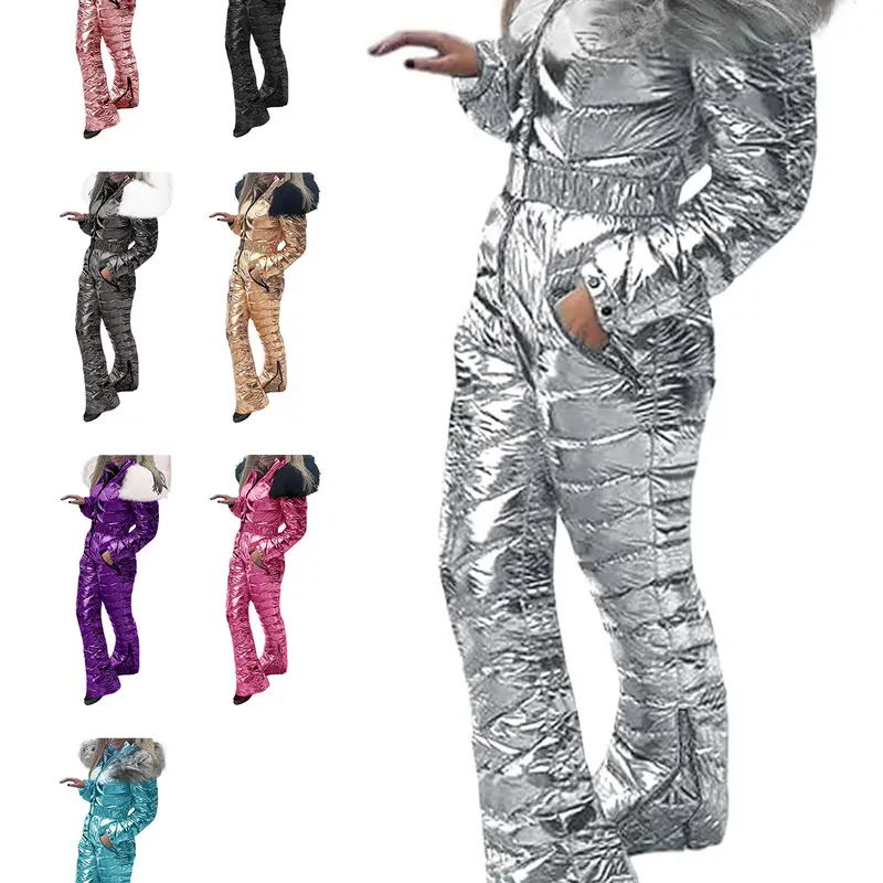 FISOEW Women's Winter 1-Piece Ski Snowsuit Jumpsuit - High-Quality Materials, Faux Fur Warmth, Waterproof, Full Coverage, Zipper Closure, Quick On/Off, Adjustable Cuffs, Professional Sports & Outdoor Skiing Clothing
