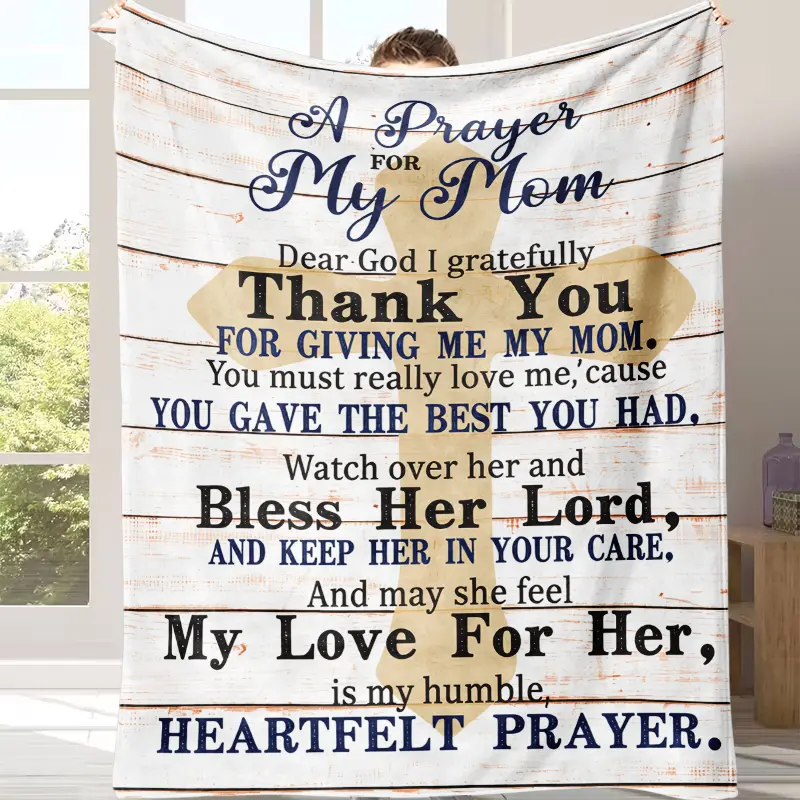 Soft Christian Inspirational Scripture Fleece Throw Blanket - Rustic Distressed White Wooden Plank Cross, "A Prayer For My Mom" Quote, Contemporary All Seasons Bedding, Birthday/Mothers Day Gift For Catholic Mom (Prayer Room Use, Other Patterns Available)