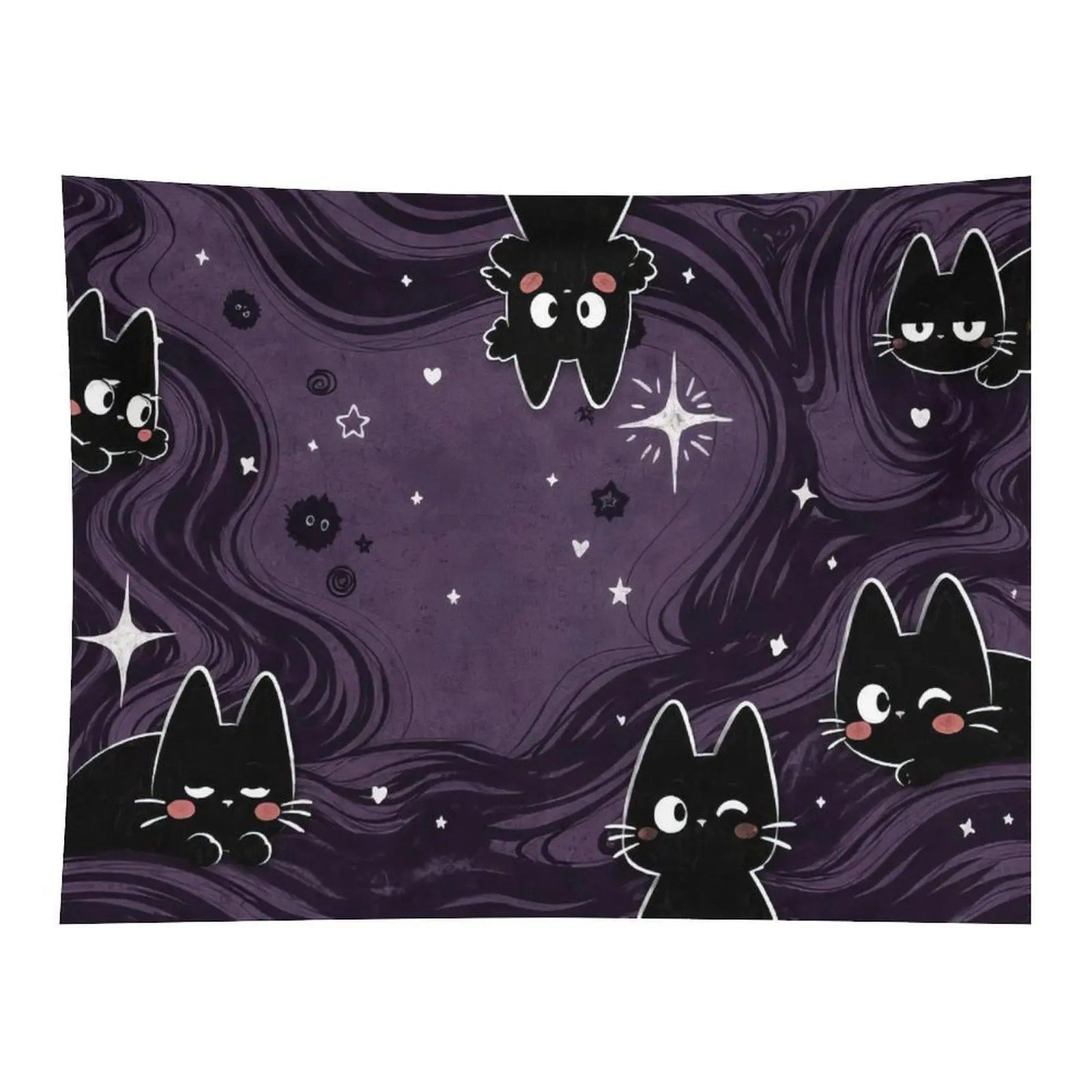 Cute Cartoon Black Cat Pink Blush Star Heart Swirl Purple Background Wall Tapestry Wall Hanging, Kawaii Gothic Kitty Aesthetic Decor for Teen Girls Bedroom Dorm Backdrop