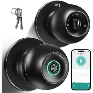 Smart Door Knob with Fingerprint, Keyless Entry Door Lock for Bedroom, Home Office & Apartment, Biometric Door Handle with App Control, Auto Lock, Easy DIY Installation, Matte Black