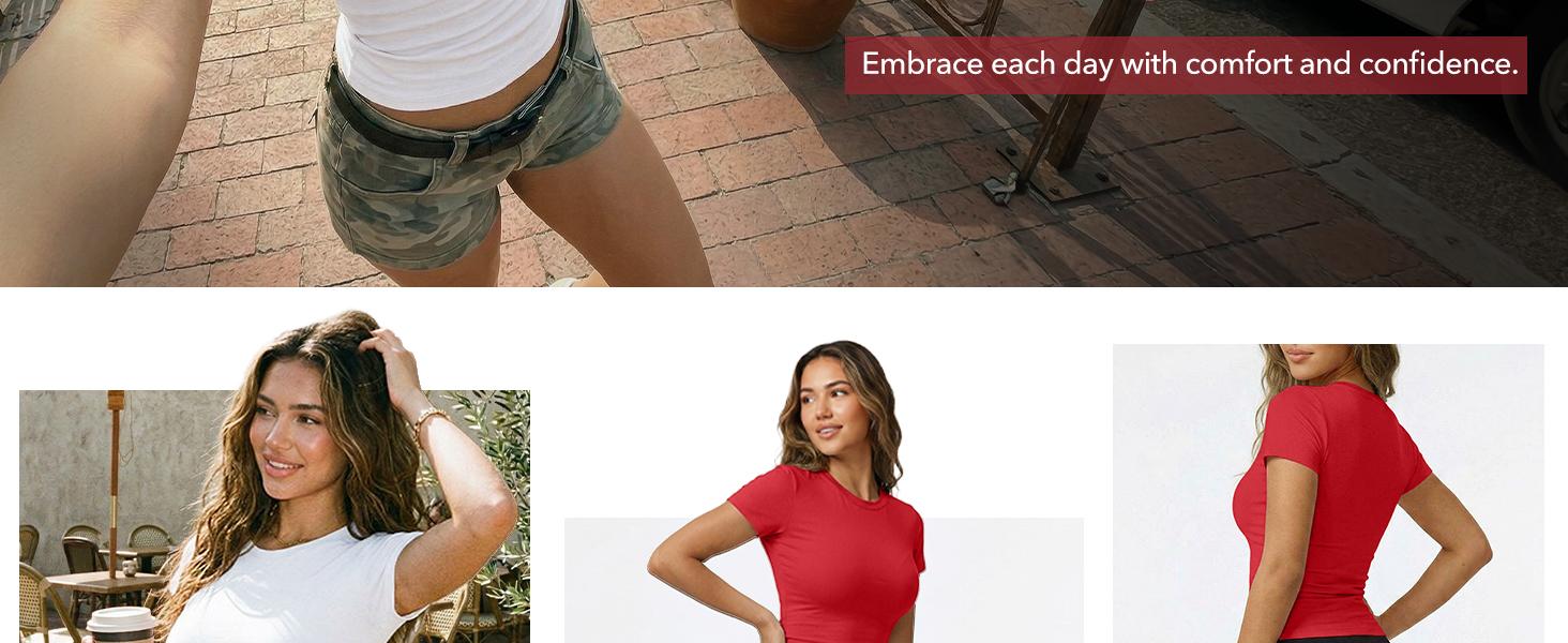【Limited time deal】【Fast Shipping】Womens Basic T Shirts - Stretchy Soft Slim Fit Short Sleeve Y2k Cute Crop Workout Tops Womenswear Breathable Round Neck Casual Tee Tops Women Polyester Underwear CC-Peach All Seasons Tshirt #SummerVibes (T-shirt only), Wo