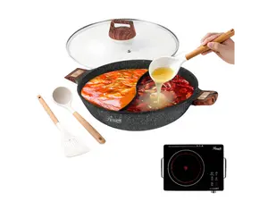 Rosewill 4.2QT Double Flavor Non-sticking Shabu Shabu Hot Pot with Divider, 13 inch Divided Stockpot for Cooking, Hot pot for Induction Cooktop and Gas Stove, Electric Burner, Silicon Soup & Ladle Included - Dark Gray
