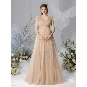 Maternity Sleeveless Off-Shoulder Maxi Dress With Dramatic Tulle Skirt – Lightweight Chiffon Fabric For Spring/Summer Baby Showers & Maternity Photoshoots (Flattering A-Line Silhouette, Romantic Ethereal Elegance)