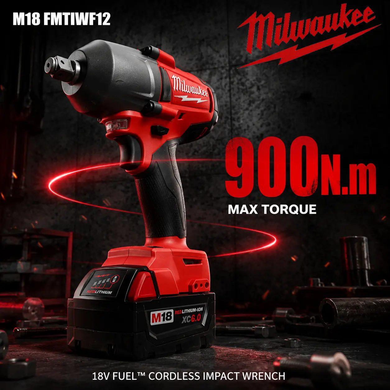 Milwaukee 900N Impact Wrench, M18 18V Lithium-Ion Cordless Impact Driver, High Torque Power Tool, Ideal For Automotive Repair, Construction Work, Heavy-Duty Assembly, Equipment Servicing And Industrial Maintenance Tasks ft-lbs