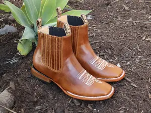 MENS Honey Western Cowboy Chelsea LEATHER COWBOY rodeo square toe half ankle boots Booties botines Vaqueros Rodeo