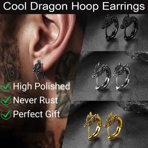FaithHeart Gothic Dragon 316L Stainless Steel Ear Hoops - 4.2g Hypoallergenic Nickel-Free Full Hoop Animal Earrings, Unisex Men's Earrings, Gothic Punk Statement Jewelry for Birthday Gifts