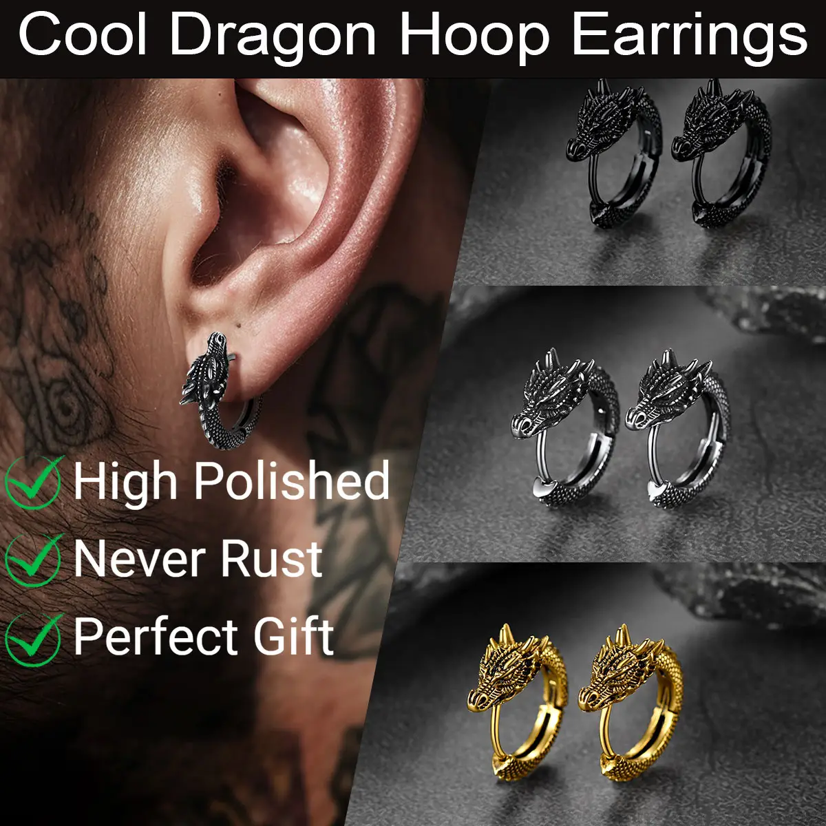 FaithHeart Dragon Hoop Earrings For Unisex Stainless Steel