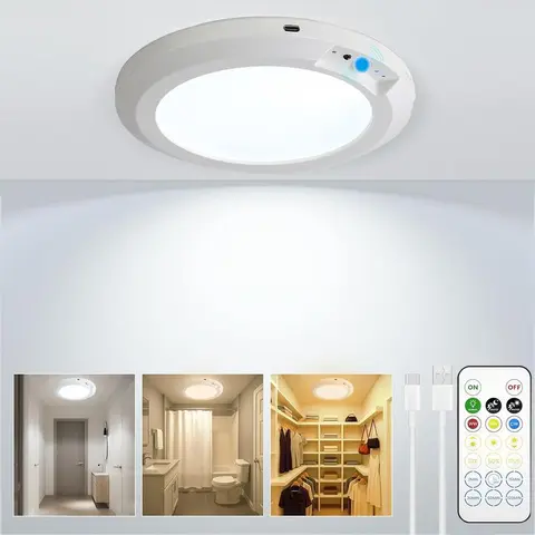 Rechargeable Motion Sensor Ceiling Light with Remote - Magnetic Wireless Ceiling Light Battery Powered for Closet Shower Stairs Shed Hallway Porch Patio ect,fun decorative lights,fun decorations,Easy to install,Adjustable 3 color tones