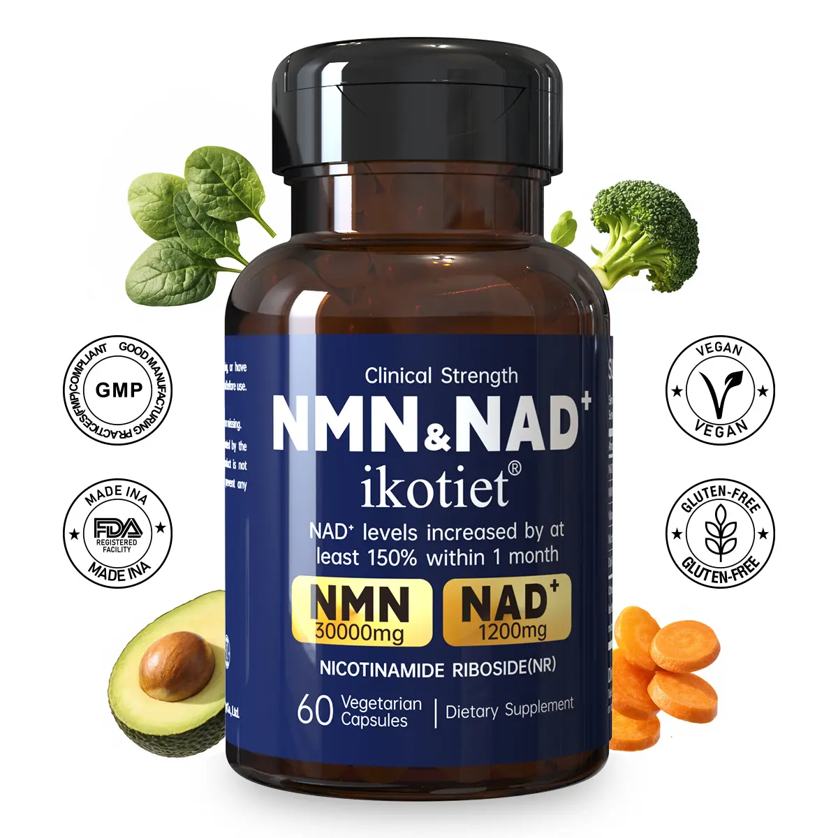 ikotiet NMN+NAD Complex Supplement Stack - Gluten-Free, Vegan Dietary Supplement, 60 Capsules - Supports Cellular Energy, Brain Health, Focus Fuel, Daily Energy, Metabolism, Skin Repair for Adults, Body Health