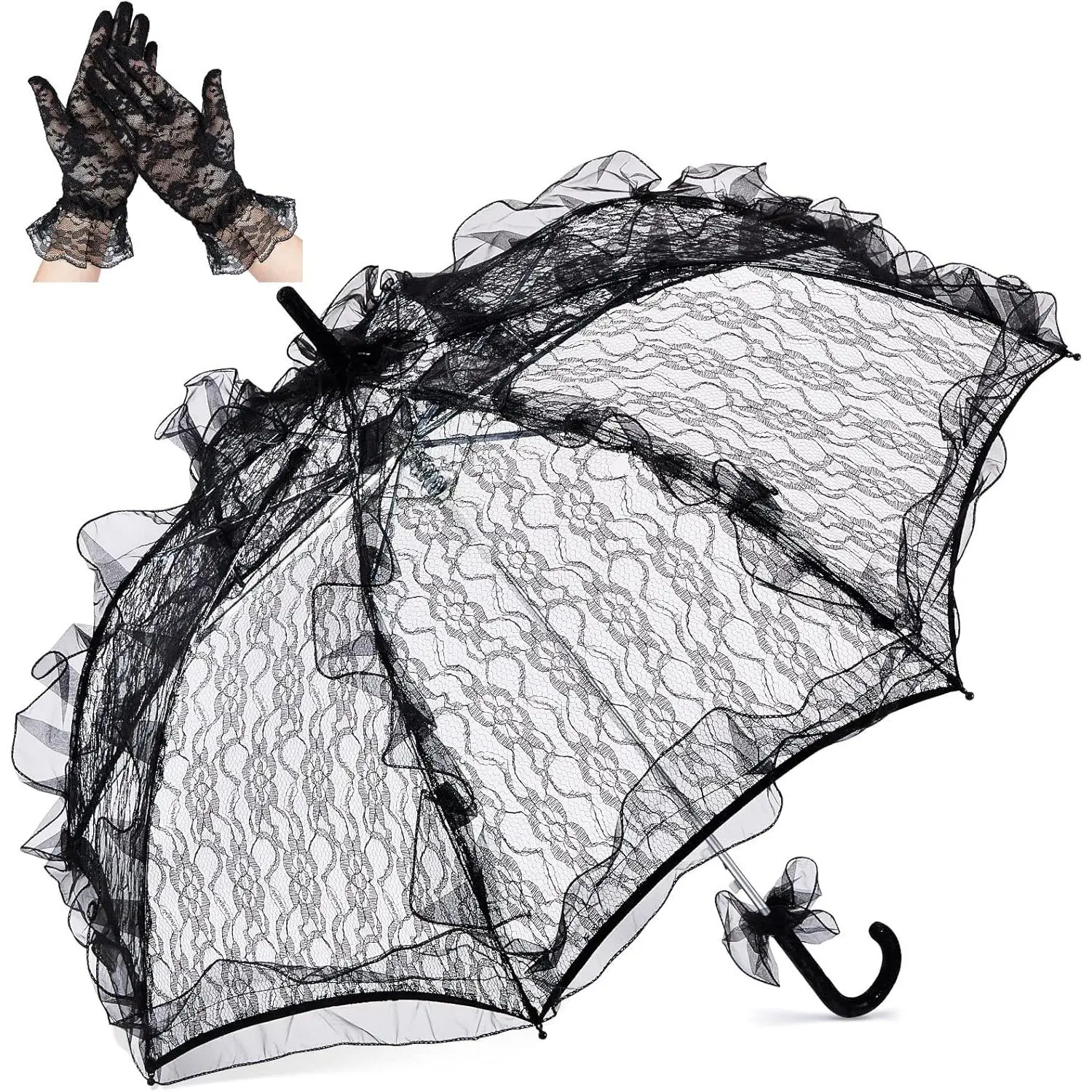 Lace Parasol Umbrella and Lace Gloves Set Wedding Bridal Umbrella for Decoration  Party Costume 31.5 Inch Adult Size