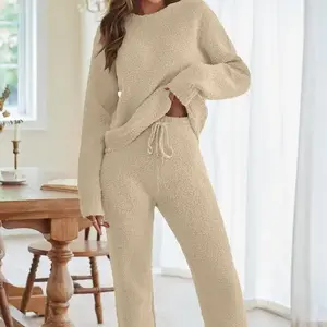 Made Me Buy It! 2025 Ultra Cozy Set Women's Fall Winter Loungewear Thick Warm Matching Outfit Beige Pajama Nightwear Homewear Top Womenswear