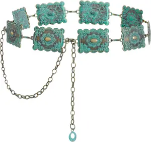 Women's Western Concho Cowboy Belt, Metal Turquoise Cowgirl Waist Chain for Dresses and Jeans