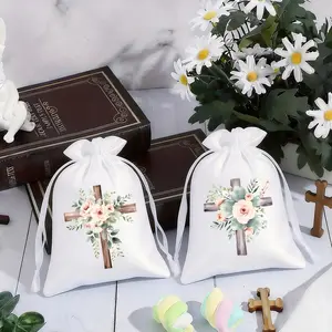 5Pcs White  Drawstring Bags Floral Cross Design for First Communion Baptism Church Religious Party Favors Gifts for Her Him