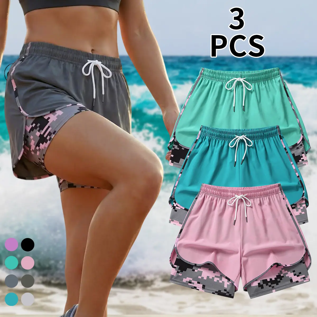 Women's False Layered Athletic Shorts, Two-in-One Illusion Hem Quick Dry Running Bottoms, Breathable Lightweight Gym Yoga Shorts with Built-In Tight Look, Summer Sport Casual