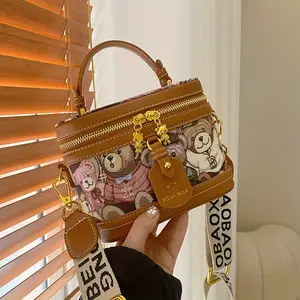 [Cute Teddy Bear Bucket Bag] Stylish Women's Bucket Bag - Cute Teddy Bear Design  Adjustable Shoulder Strap  Zipper Closure  Golden-Tone Hardware  Bright Pink/Light Brown/Blue  Casual Handbag with Playful Design and Decorative Strap