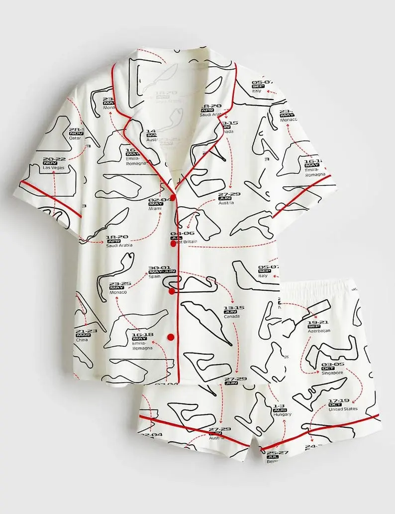 Women's 2025 Racing Car Schedule Long-Sleeve Satin Pajama Set - Loungewear with Pants, Ideal Gift for Racing Car Enthusiasts
