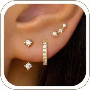 3 Pairs Dainty Small Trendy Earrings for Women, Birthstone Stud Huggie Hoop Jacket Stack for Cartilage Helix, Gold Plated Hypoallergenic Cute Fashion Jewelry Gifts