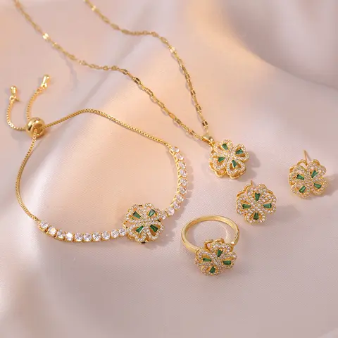 4PCS Green Jewelry Set, Necklace + Earrings + Ring + Bracelet, Trendy Style Love Rotating Set Suit Clavicle Necklace