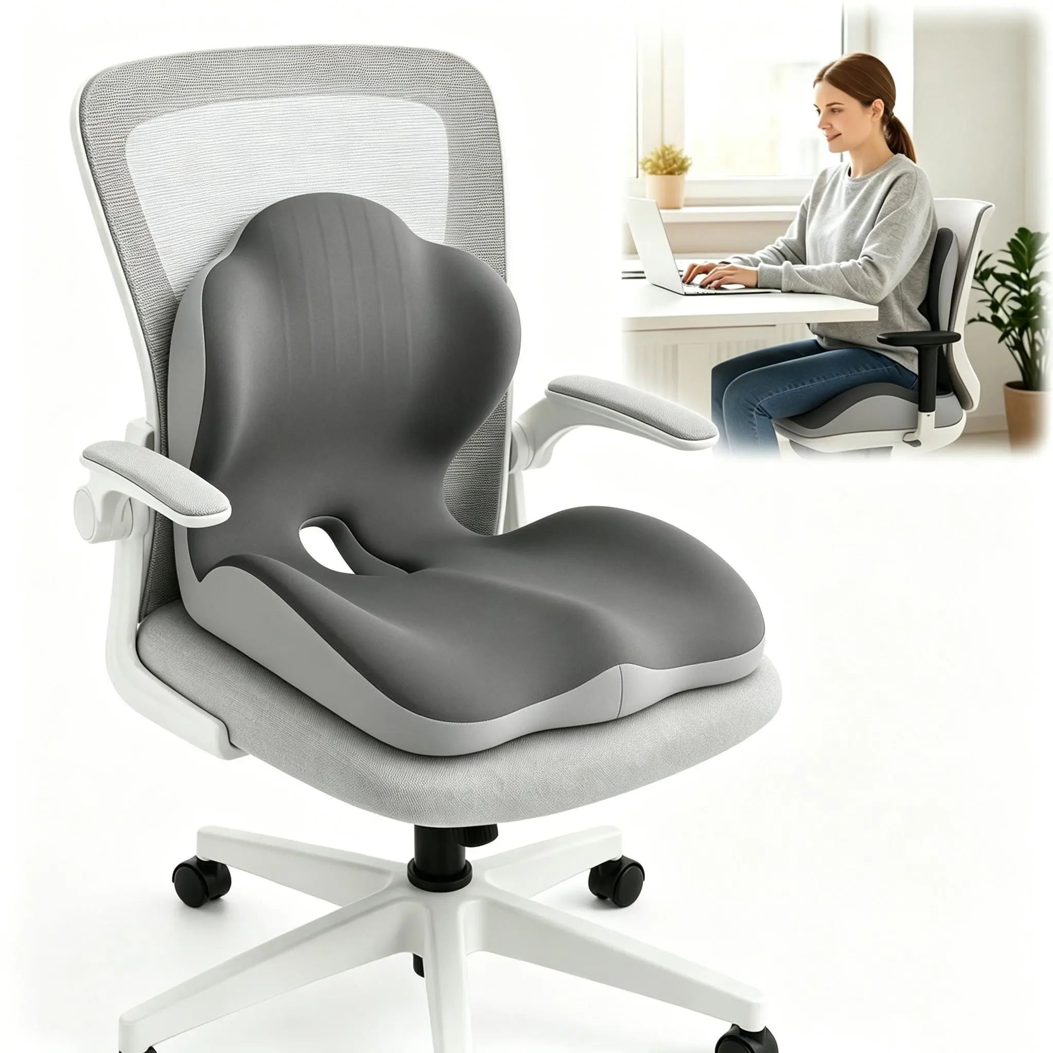 Ergonomic Memory Foam Padded Seat Cushion with Extended Back Support, Long-Lasting Comfort for Office Chairs, Car Seats, Home Use