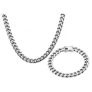 Mens 10mm Stainless Steel Cuban Link Chain With Box Clasp Set