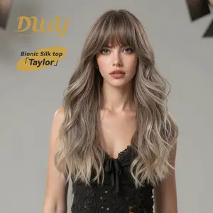 Taylor -DWY New Technology! Bionic Silk Top Smoky Balayage Blonde 24-Inch Long Wave Glueless Synthetic Wig with Bangs for Women High-Quality Premium Fiber Easy Wear Comfortable Fit Straight Layered Wigs Convenient Wigs