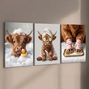 3-Piece Solid Wood Frame with High and Low Cow Pattern Art Canvas Printing, High-Definition Waterproof, Full of Cute and Silly Modern Art Design Murals, Modern Home Decoration, Bathroom, Family Living Room, Bedroom and Office Decoration