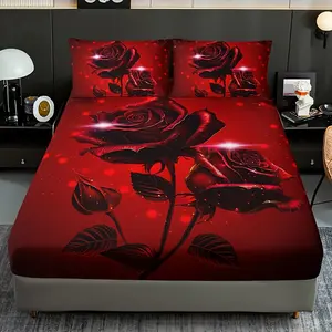 Breathable All-Season 3D Red Rose Floral Print Bedding Set - High Definition Digital Printing Polyester Fitted Sheet and 2 Pillowcases, Machine Washable (1 Fitted Sheet + 2 Pillowcases without Inserts) - Home & Dorm Decor Bed Sheets Set