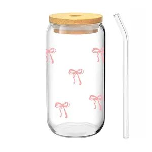 1/4 Pack Glass Cup with Bow Pattern Lid – 16oz/480ml Iced Coffee & Beverage Glass, Includes Straw & Cleaning Brush, Reusable Cup for Home, Office, or Cafe