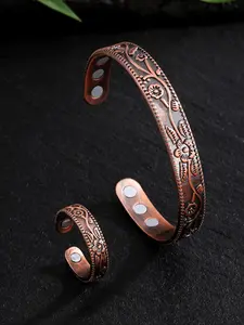 Vintage Flower Pattern Bangle & Open Ring, Adjustable Magnetic Bangle & Open Ring, Fashion Jewelry Accessories for Women & Men