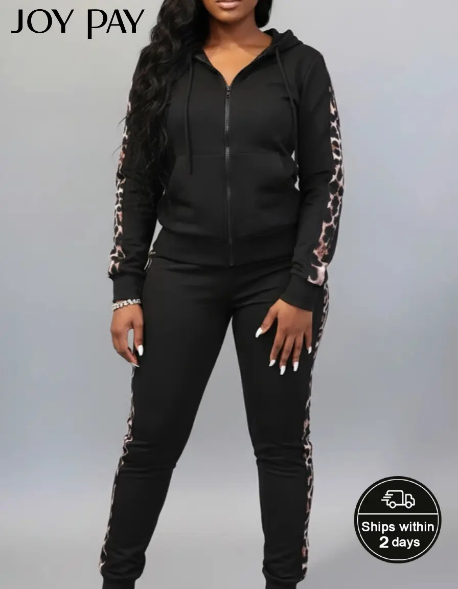 JOYPAY Women's 2-Piece Leopard Print Sweatsuit Set Outfit - Soft Polyester Hoodie and Leggings Athletic Tracksuit, Athletic Tracksuit Set, Sports Clothing Set