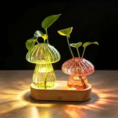 LED Lighted Mushroom Glass Propagation Station - 2 Stations with 2 Glass Vessels, Stepless Dimmable Glow, Modern Plant Vase, Rechargeable Cordless Hydroponic Planter, Home Supplies for Decor, Mother’s Day Gifts, Led Lighted Vase
