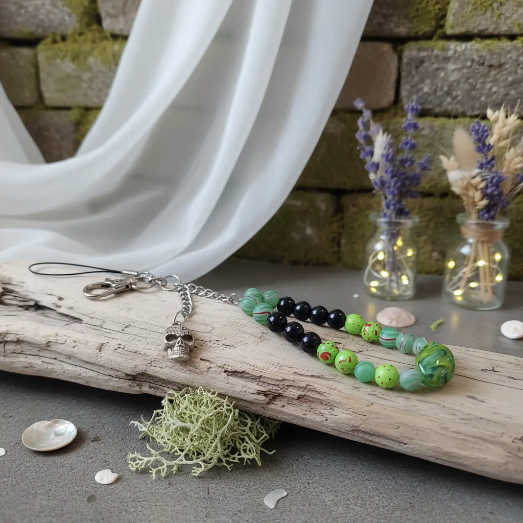 Green and Black Glass Beaded Phone Charm with Skull Charm Wristlet Keychain and Bag Accessory for Stylish Accessories