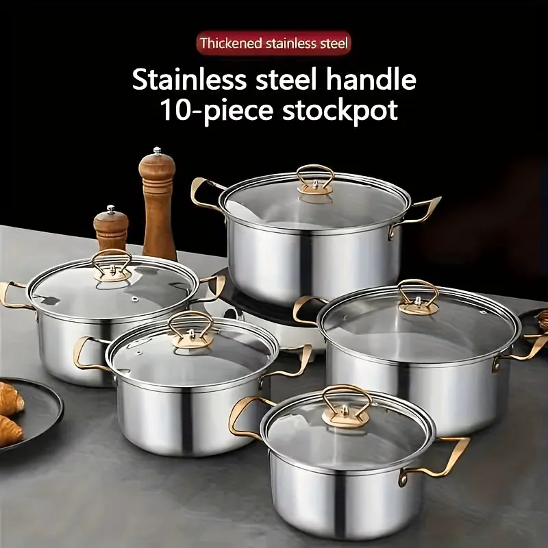 5-Piece stainless steel cookware set with 5 induction compatible pots and 5 lids, with gold handles, stock pot set. Suitable for induction cookers and outdoor camping, can be washed in the dishwasher, ideal for healthy cooking