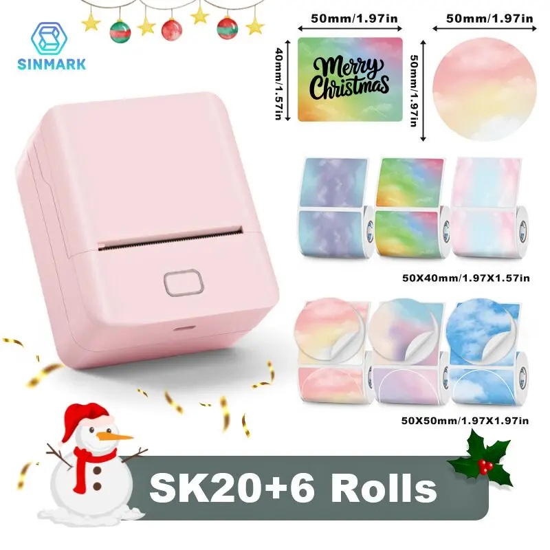 Sinmark Sk20 Wireless Portable Label Printer + 6 Label Rolls, USB Rechargeable, Compatible with iOS/android/windows, Ideal for Barcodes, Retail, Gifts, Portable Handheld Printer