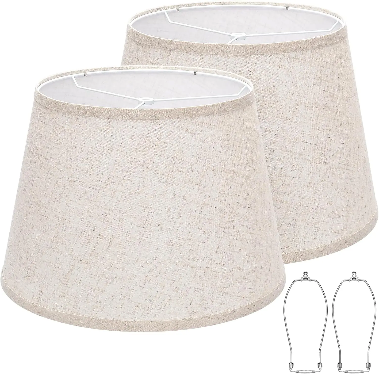 Set of 2 Large Drum Lamp Shades, 12"Top x 16"Bottom x 11"High, Beige Natural Linen Replacement Lampshades for Table & Floor Lamps, Spider with Harp Holders Included, Easy Assembly