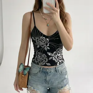 VYNCE Y2k Summer Women Going Out Vintage Boho Fashion Vacation Glitter Sparkly Women's Summer Floral Embroidered Sequin Camisole Top