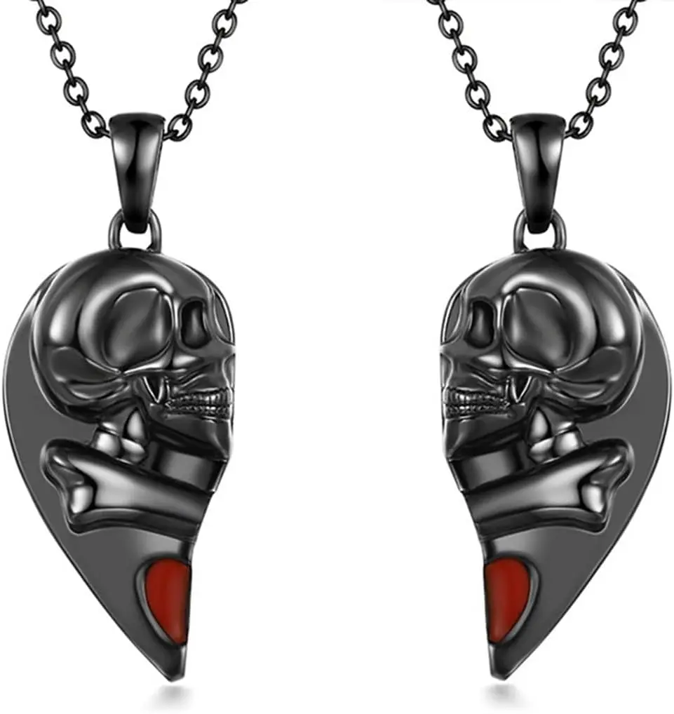 Gothic Couple Necklace for Women Men Punk Style Skeleton Heart Pendant Necklace Couples Matching Necklace Friendship Necklace Couple Necklace for Couples  Friends