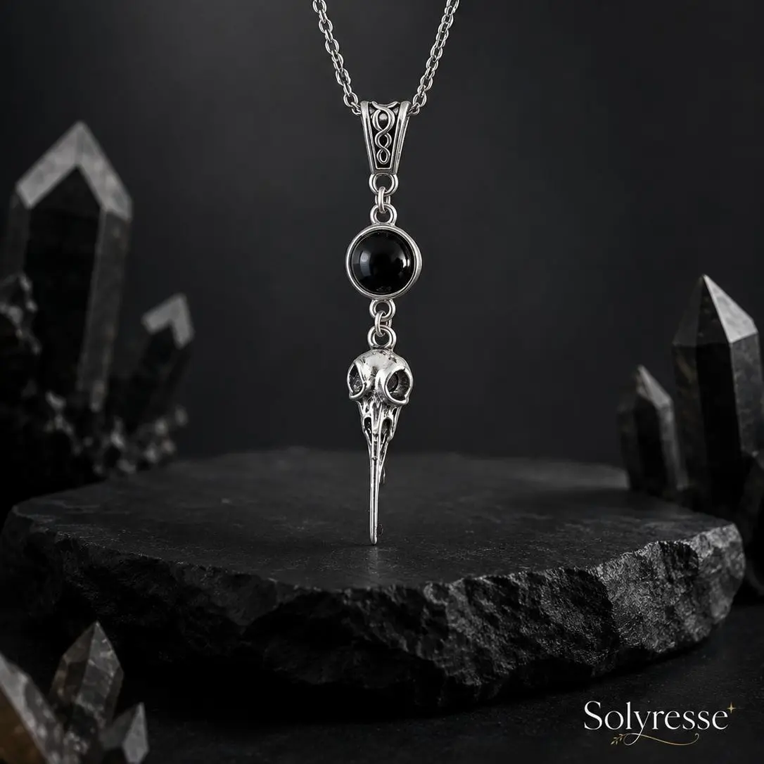 Gothic Raven Skull Necklace with Black Onyx Stone, Vintage Silver Bird Skull Pendant, Dark Fantasy Alternative Jewelry for Women and Men Pendant Necklace Fashion Necklace