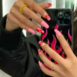 Gold Finger Press On Trendy Pink Long Nails
