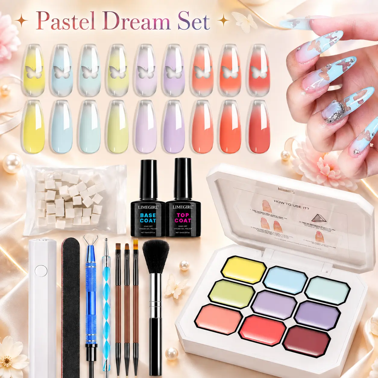 9-Color Solid Gel Nail Extension Kit with 50 Nail Forms, Base & Top Coat, Nail Art Brushes and Manicure Tools for DIY French Nail Art