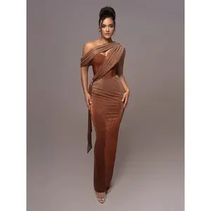SnuggieTok Graduation Gala Sexy One-Shoulder Draped Glitter Long Dress for Women – Brown Corset Sparkly Backless Bodycon Maxi Dress, Evening Party Gown