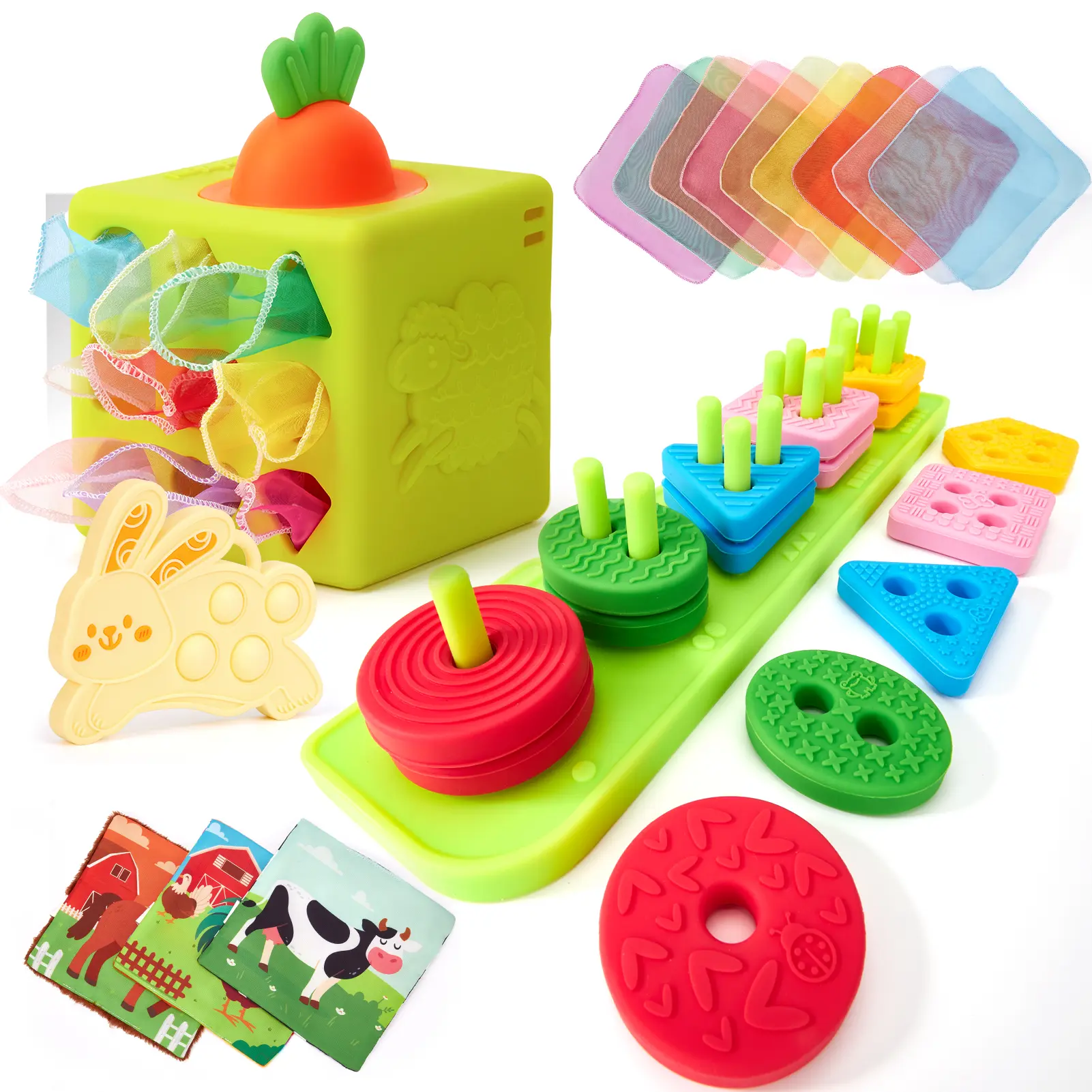 hahaland Baby Tissue Box Toy with Bunny Teether Carrot / Silicone Sorting & Stacking Toys,Silicone Baby Toys 6-12 Months Montessori Learning Educational Toy Infant Toy 6-in-1 Soft Busy Activity Cube with Scarves, Crinkle, Textures, Mirror Gift for Babies