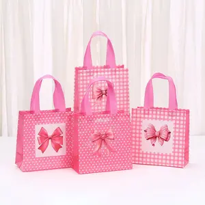 16pcs/32pcs Bow Print Gift Bags, Non-Woven Takeout Shopping Bags, Cute Girl Handbag, Festival Party Gift Bag
