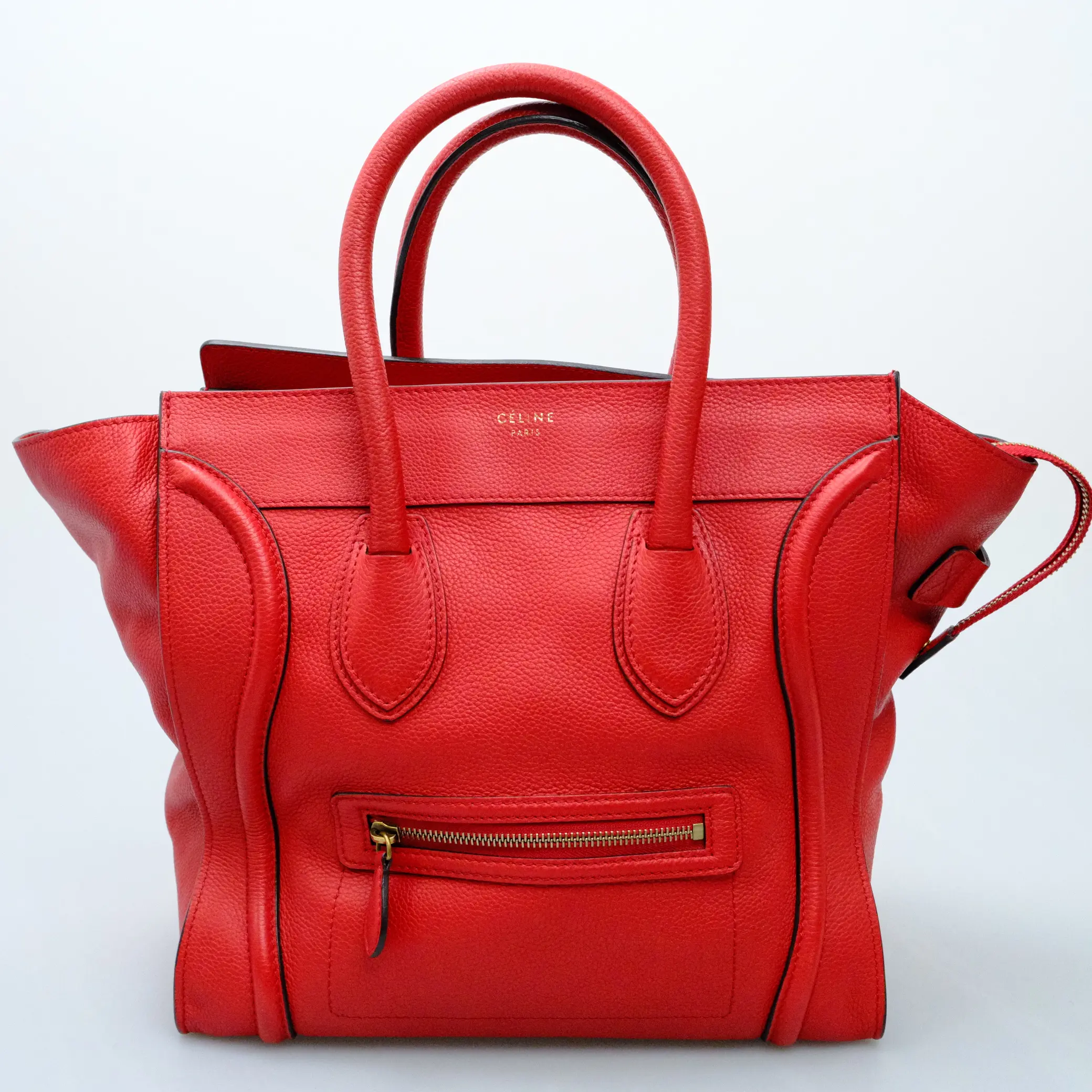 Pre-owned Celine 100% Authentic Luggage Tote Bag Red Drummed Calfskin, Top Handle, 11 Inches, Depth: 7 Inches, Checkcheck Verified, Tote Bags, Very Good