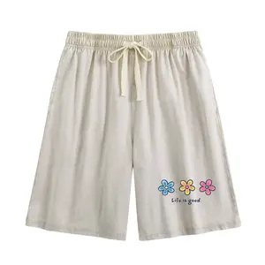 Holafish Unisex Flower Print Casual Shorts Acid Wash Soft Comfortable Cotton Blend Bottoms for Travel Streetwear and Daily Outfits Everyday