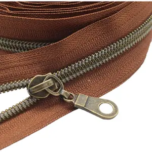 #5 Antique Brass Metallic Nylon Coil Zippers by The Yard Bulk Coil Zipper Roll 10 Yards with 25 count Pulls for DIY Sewing Craft Bags (Brown)