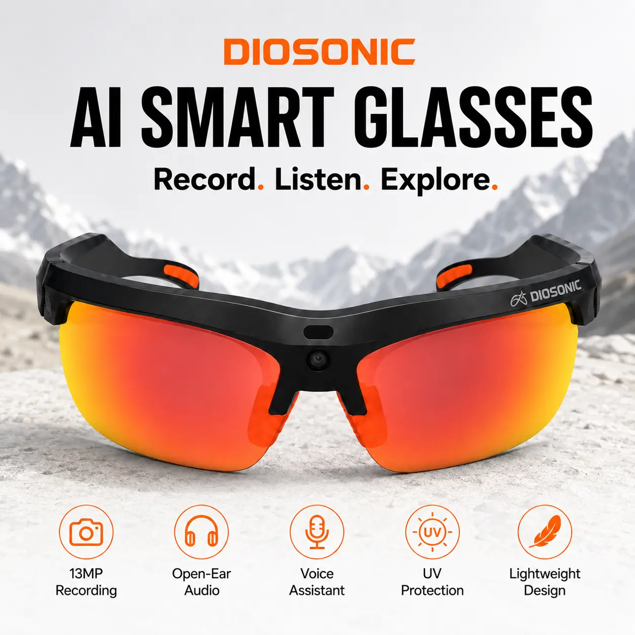 DIOSONIC AI Smart Glasses with Camera - 13MP Lens, Adult Unisex, Wireless Open Ear Audio, Voice Assistant, USB-BT, WiFi 6, Sporty Design for Cycling, Outdoor Adventures, Bluetooth Connectivity Wireless Smart Glasses