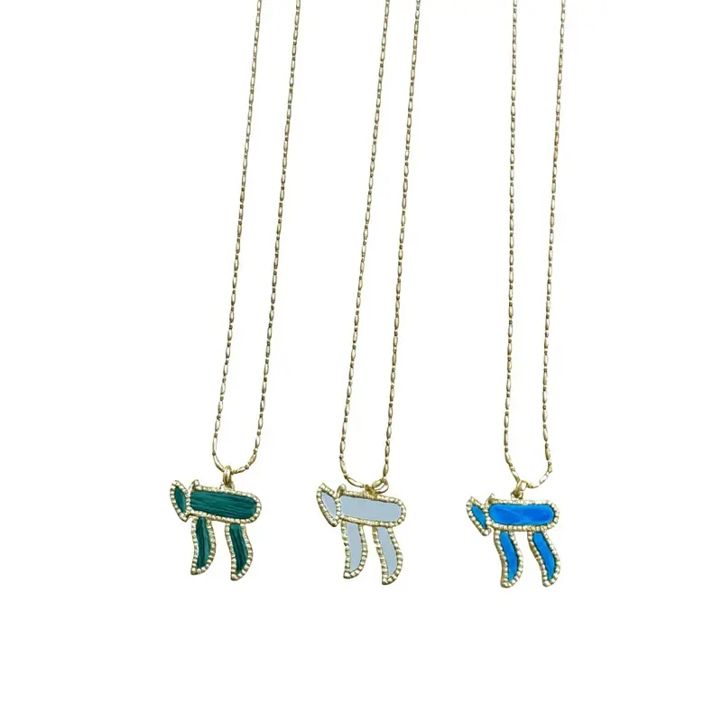 Chai Necklace - Gold Chain with Enamel Chai Pendant, 3 Color Options (Green, Blue, White), Stylish Costume Jewelry for Symbolic Wear, Three Colors