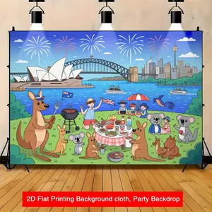 2D Flat, 1pc Australia Day Party Backdrop with Sydney Opera House, Kangaroos & Koalas - Australian-Themed Birthday Banner, Shower Decorations, Photo Background for /Outdoor Events, Easy-to-Hang