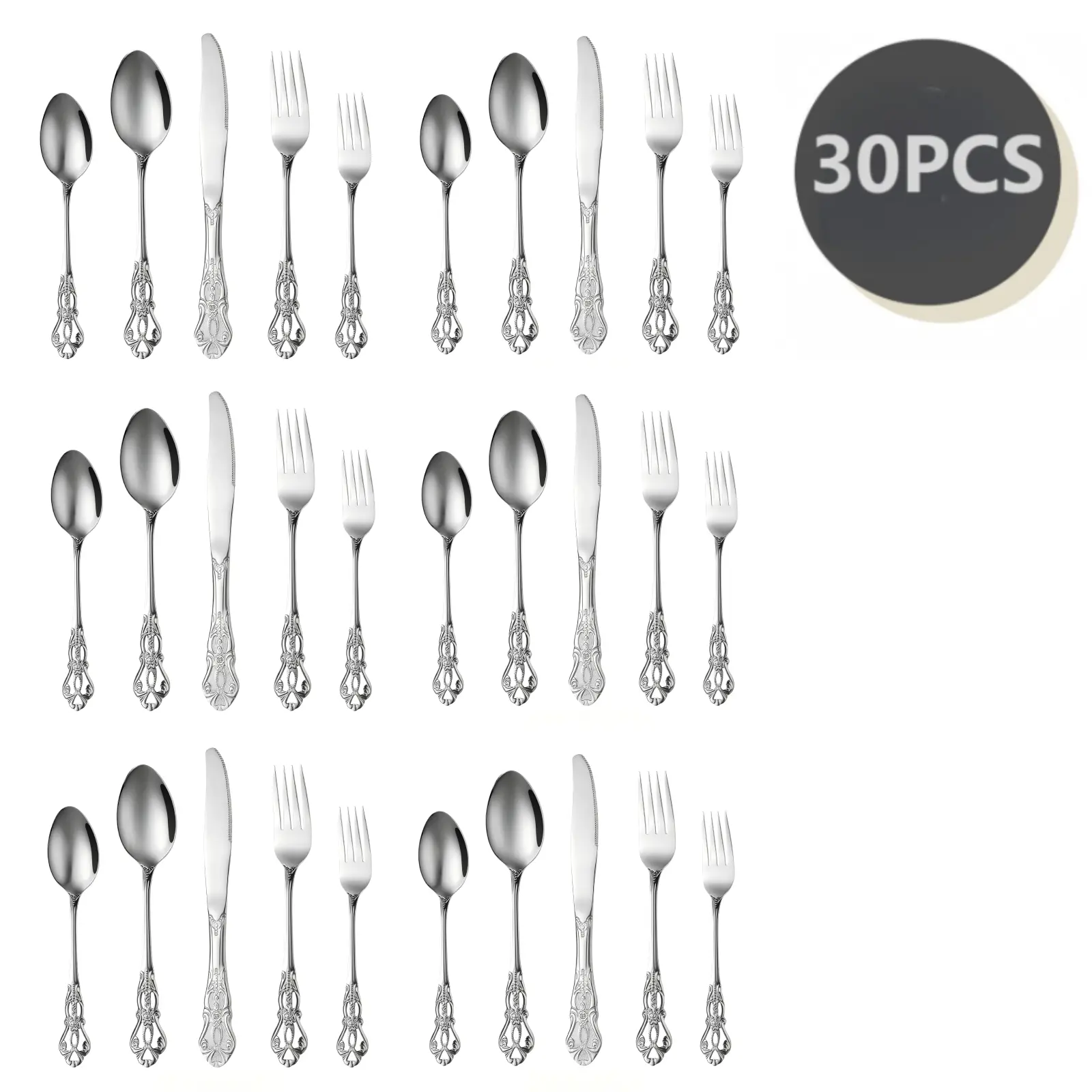 Adult 30-Piece Stainless Steel Silverware Set - 6-Person European Glam Cutlery, Rust-Proof Utensils Set, Dishwasher-Safe Fork-Included Tableware for Dinner Parties